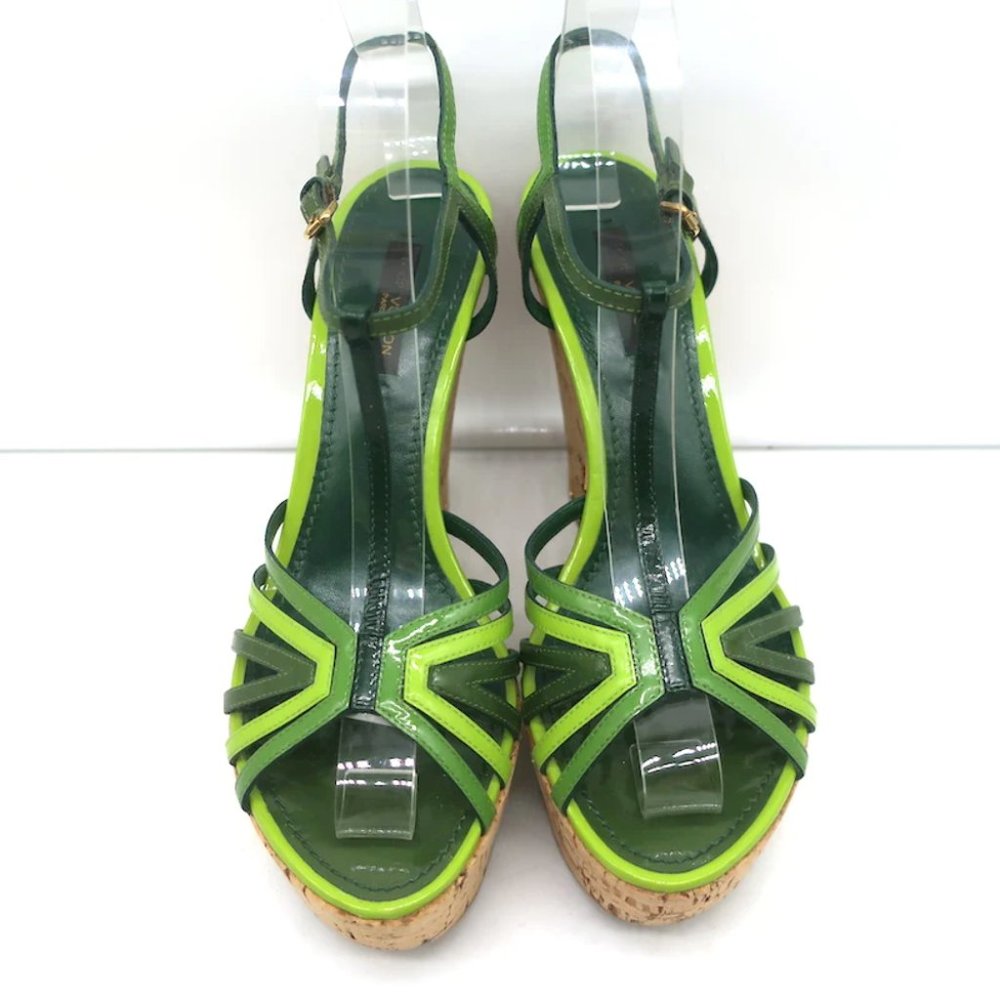 Louis Vuitton Summertime Cork Wedge Sandals Green Patent Leather Size 37.5 - Picture 3 of 12